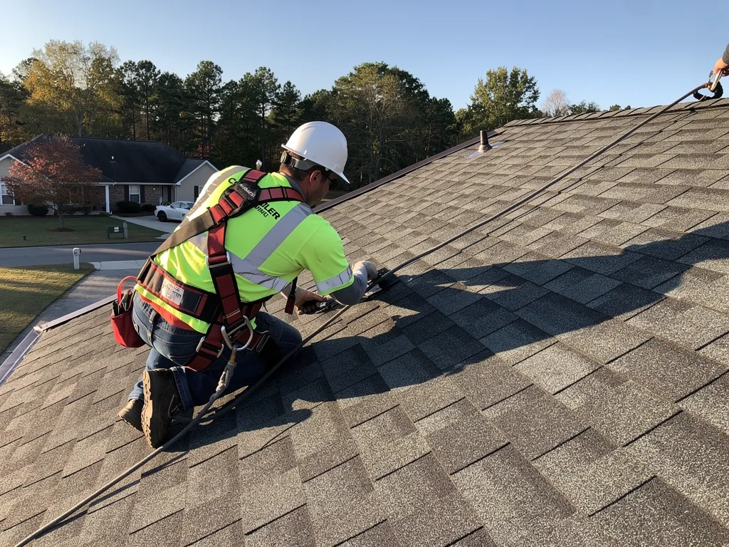 Roofing technician in helmet and safety gear inspecting shingles for damage