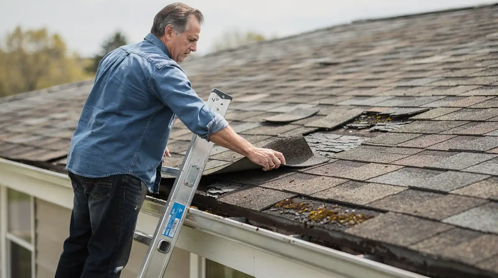Water stains on ceilings or walls are early signs of roof damage.; Missing or damaged