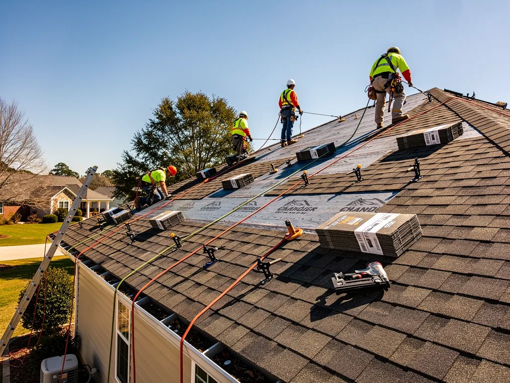 Roofing crew wearing helmets and safety harnesses during a residential roof installation