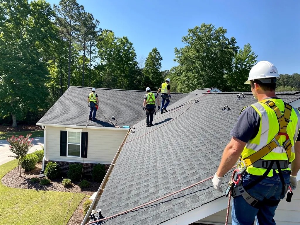 Roofing technicians in helmets and safety gear inspecting a finished roof warranty checkpoint