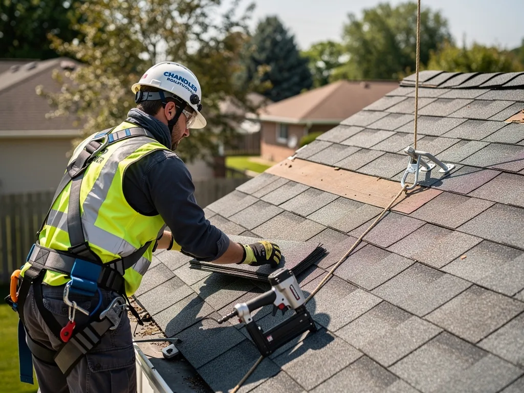 Roofing technician in safety helmet and harness repairing a roof section