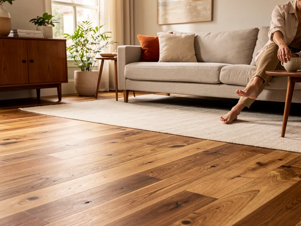 honey and caramel toned oak plank flooring in a living room