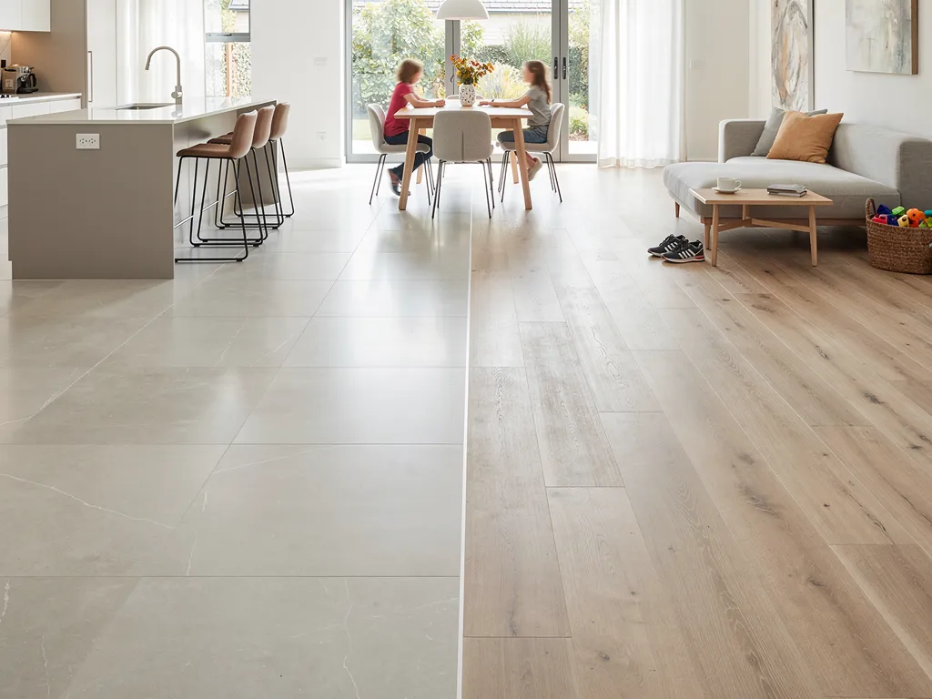 large-format tile flooring in an open concept living space