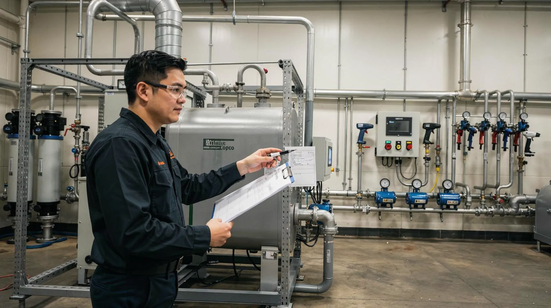 A structured audit checklist covers five distinct zones: Compressor Room, Air Treatment, Distribution Network, End-Use