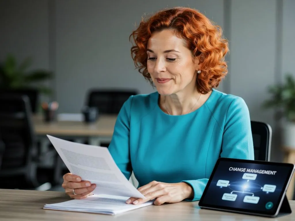 Woman with red hair reading a document thoughtfully