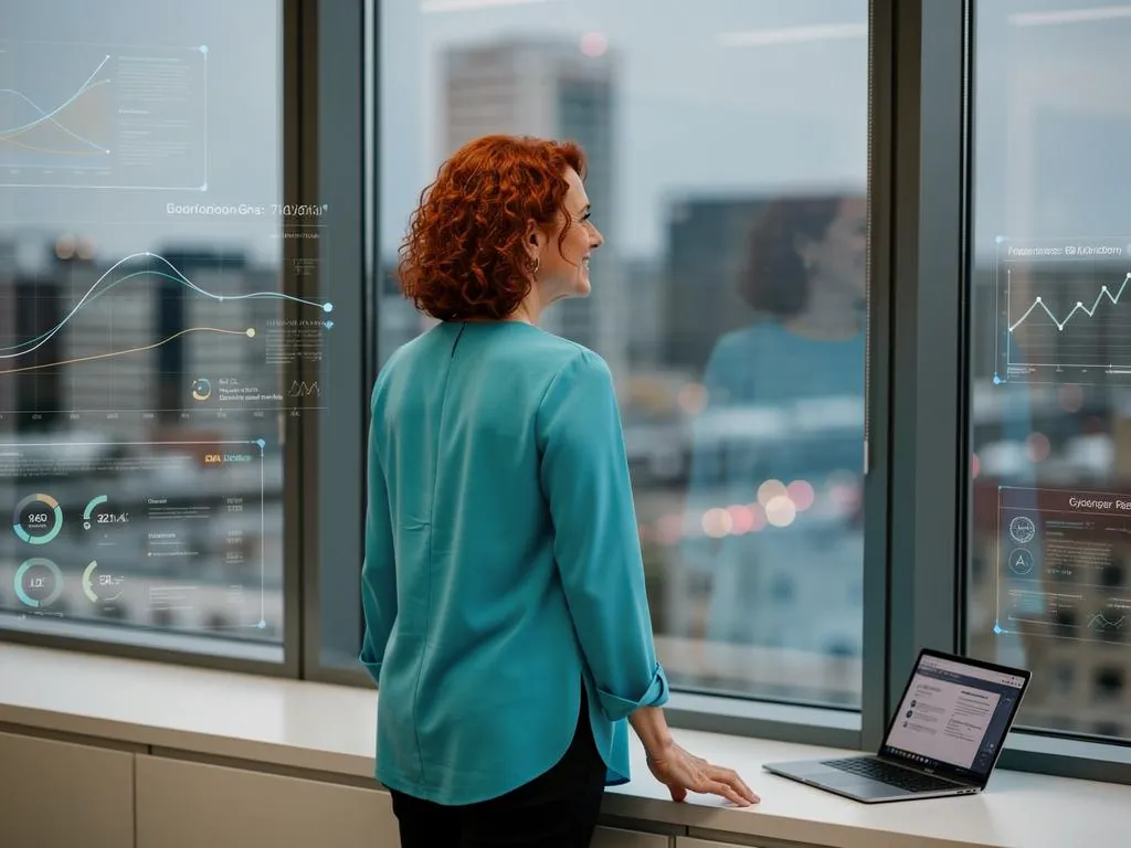 Woman with red hair looking out a window reflectively