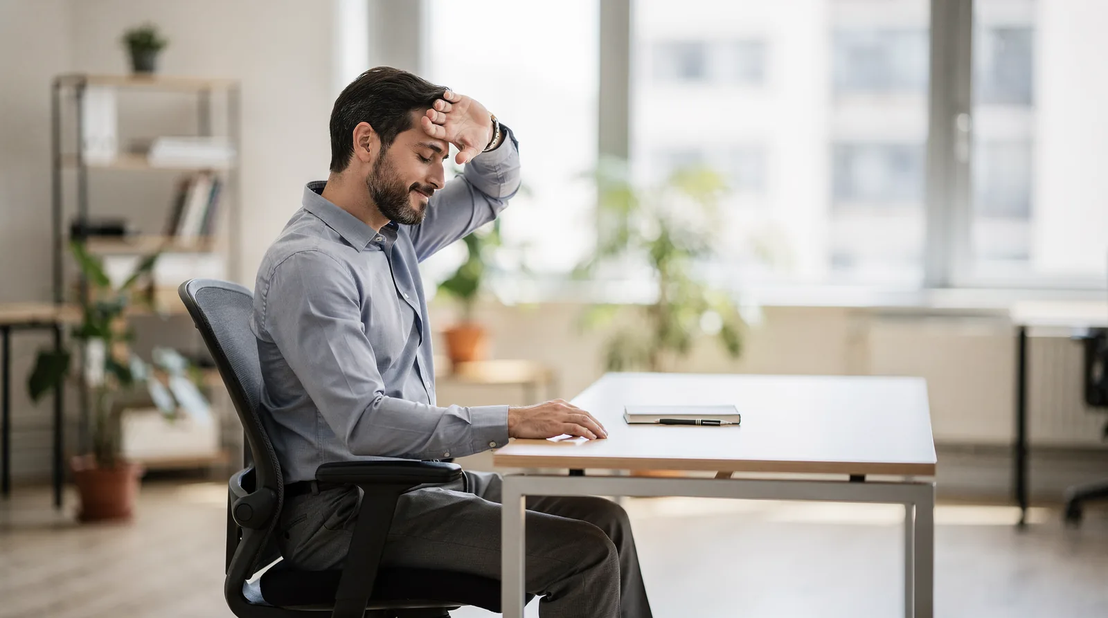 Effective chair-based desk exercises include triceps stretches, overhead reaches, shoulder stretches, hip and knee flexion