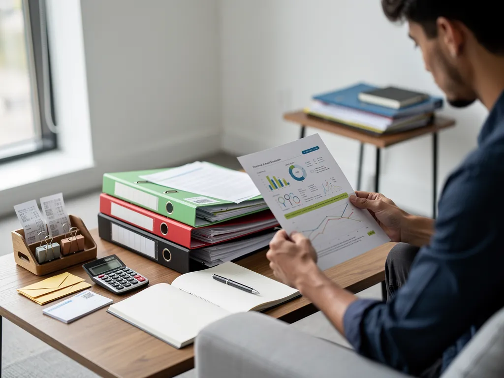 Startup founder organizing documents ahead of free Business Scan session