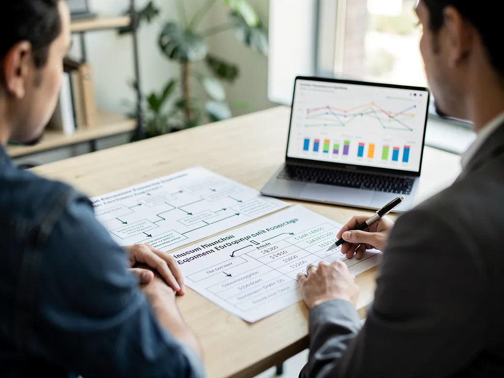 Advisor and business owner reviewing a step-by-step financing decision chart