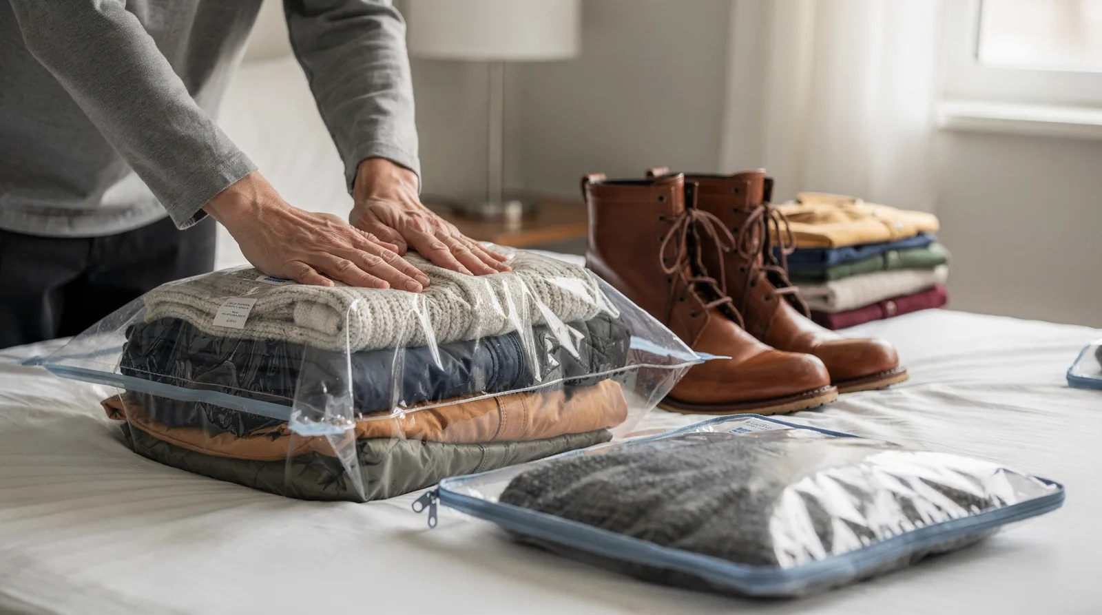 Airtight compression doubles usable packing space, fitting 15 or more pieces of winter clothing including bulky layers