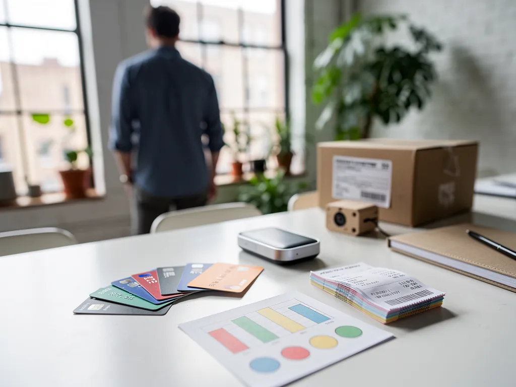 Startup founder reviewing a business credit card alongside financial paperwork