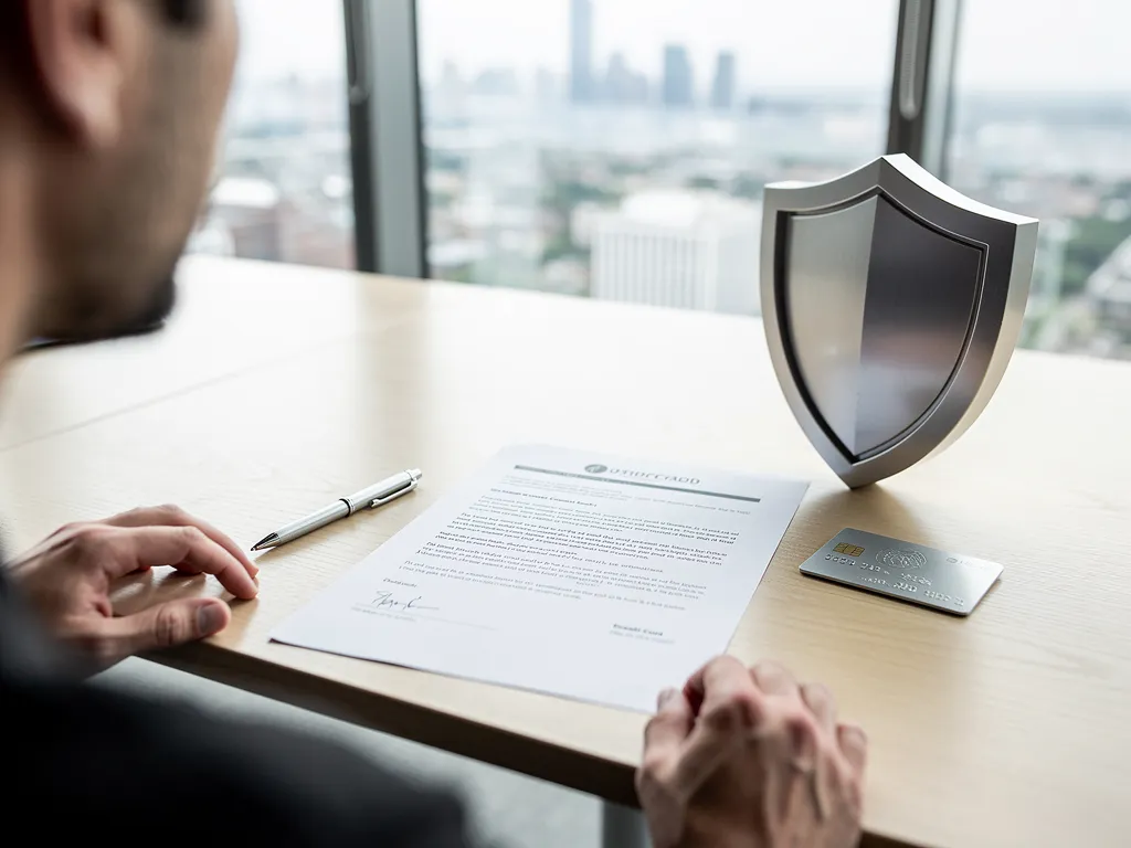 Business owner reviewing credit card terms and fine print at a desk