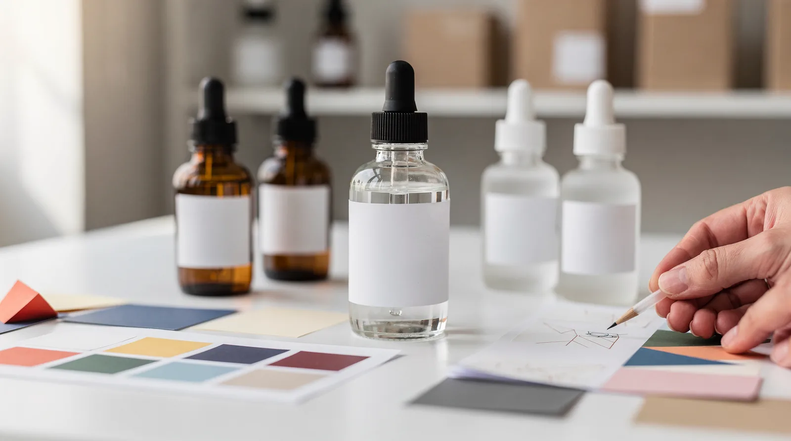 Dropper bottles are a sturdy option used across serums, CBD products, and essential oils, with label options