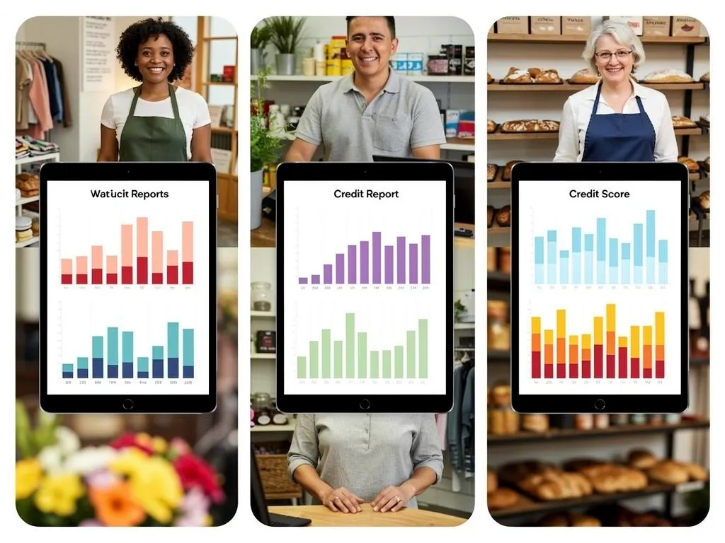 Experian, Equifax, and Dun and Bradstreet bureau logos side by side illustrating business credit tracking