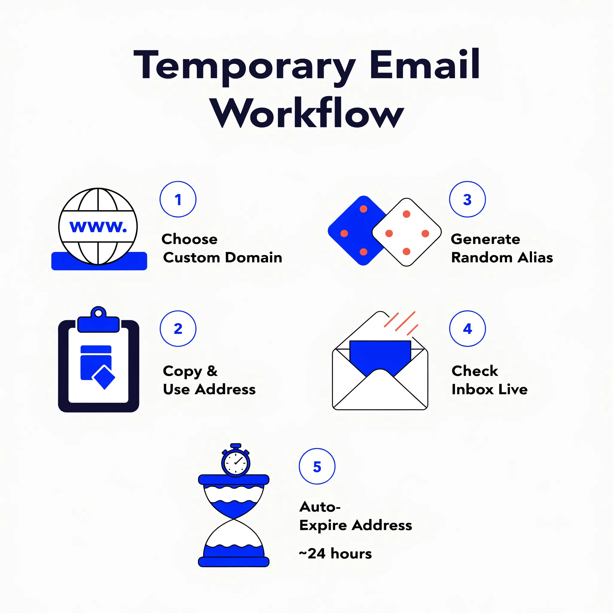 Five-step infographic showing how to create a temporary email with a custom domain