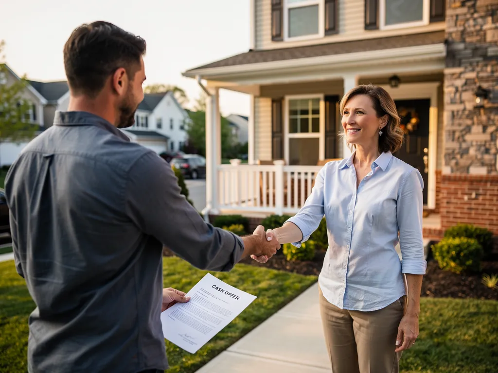 Homeowner shaking hands with a local cash buyer over a signed offer