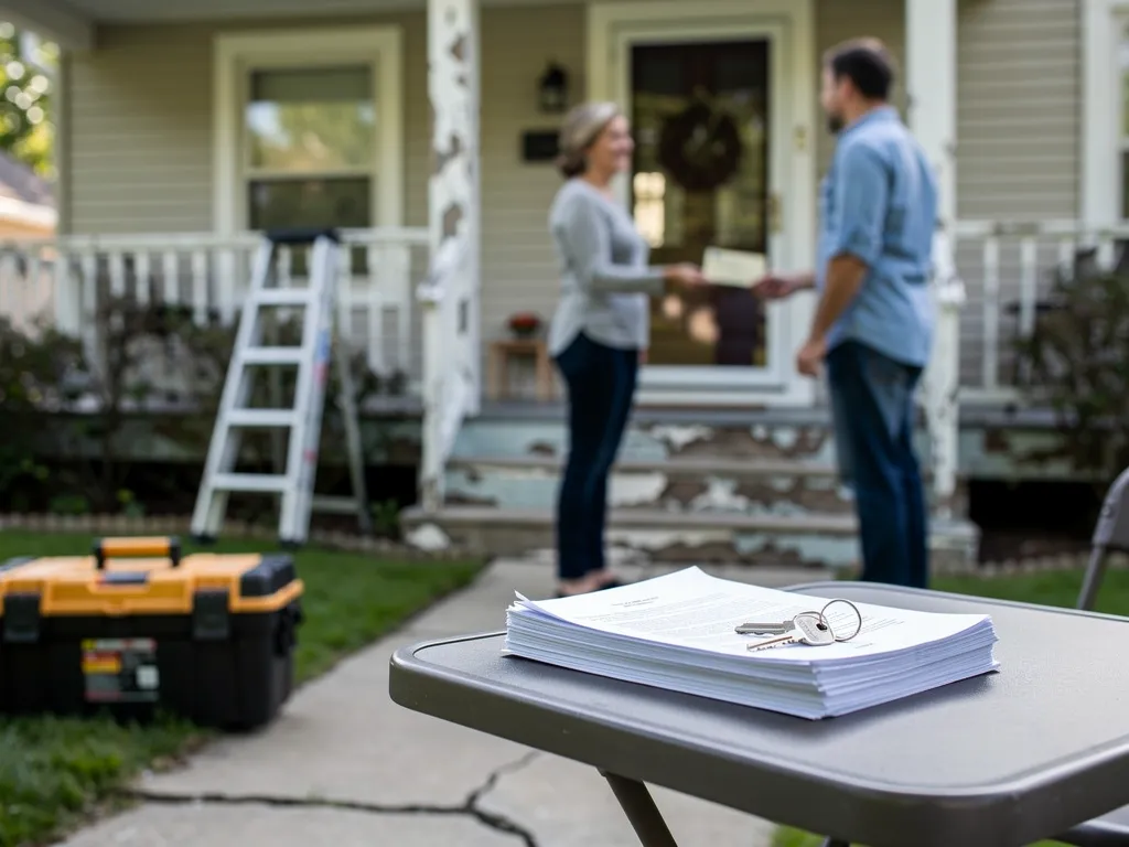 Homeowner and cash buyer shaking hands in front of a house