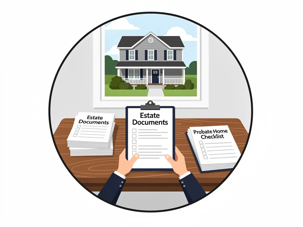 Executor reviewing estate documents and a probate checklist before listing a home
