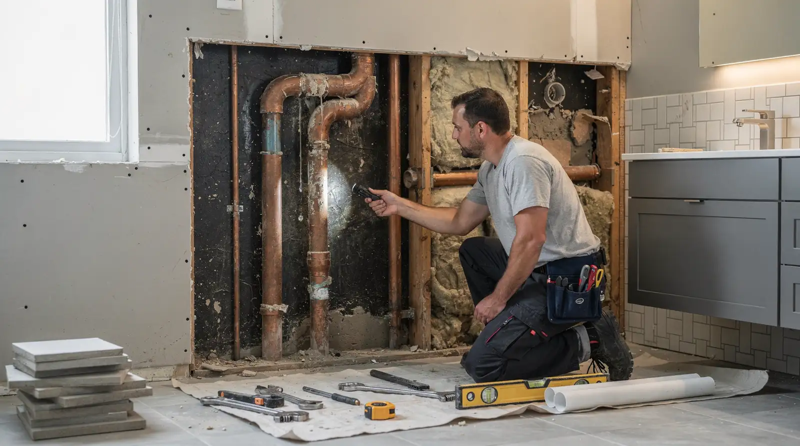A bathroom is a small room packed with critical systems, so opening walls or floors