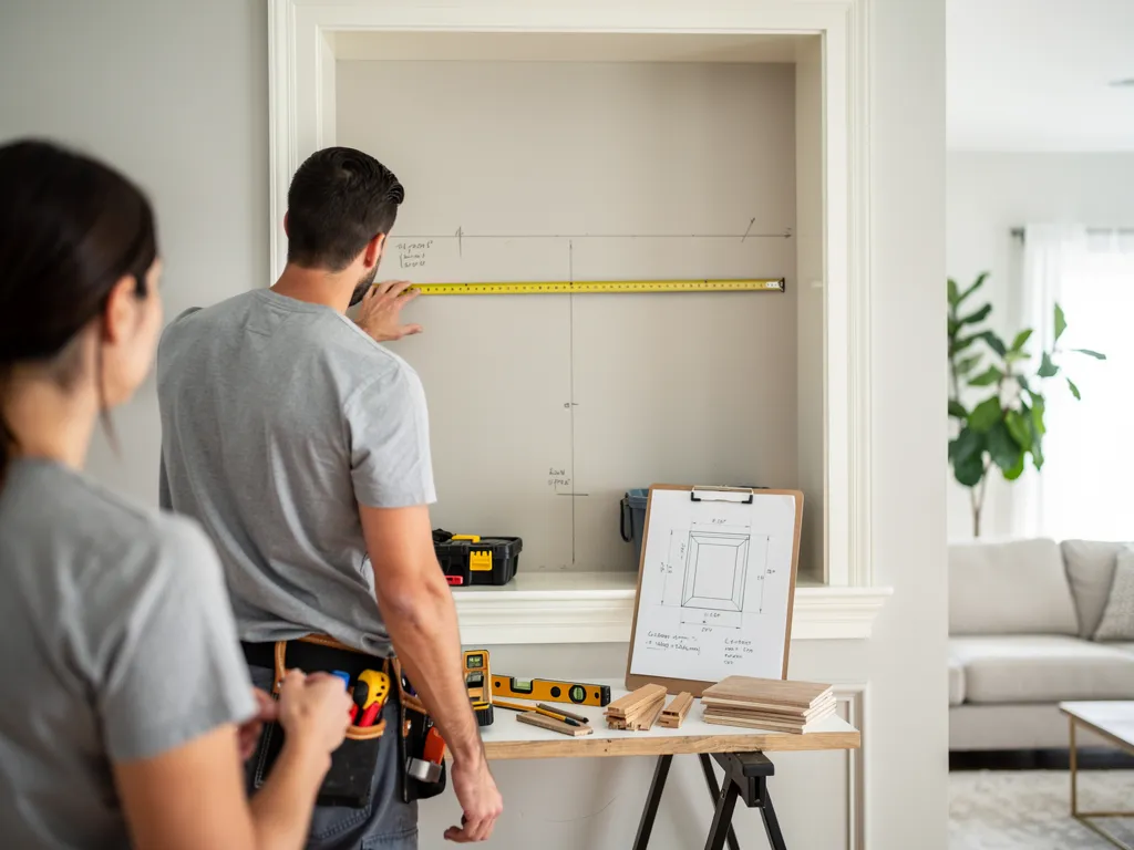 Carpenter and homeowner measuring a room before planning custom built-in cabinets
