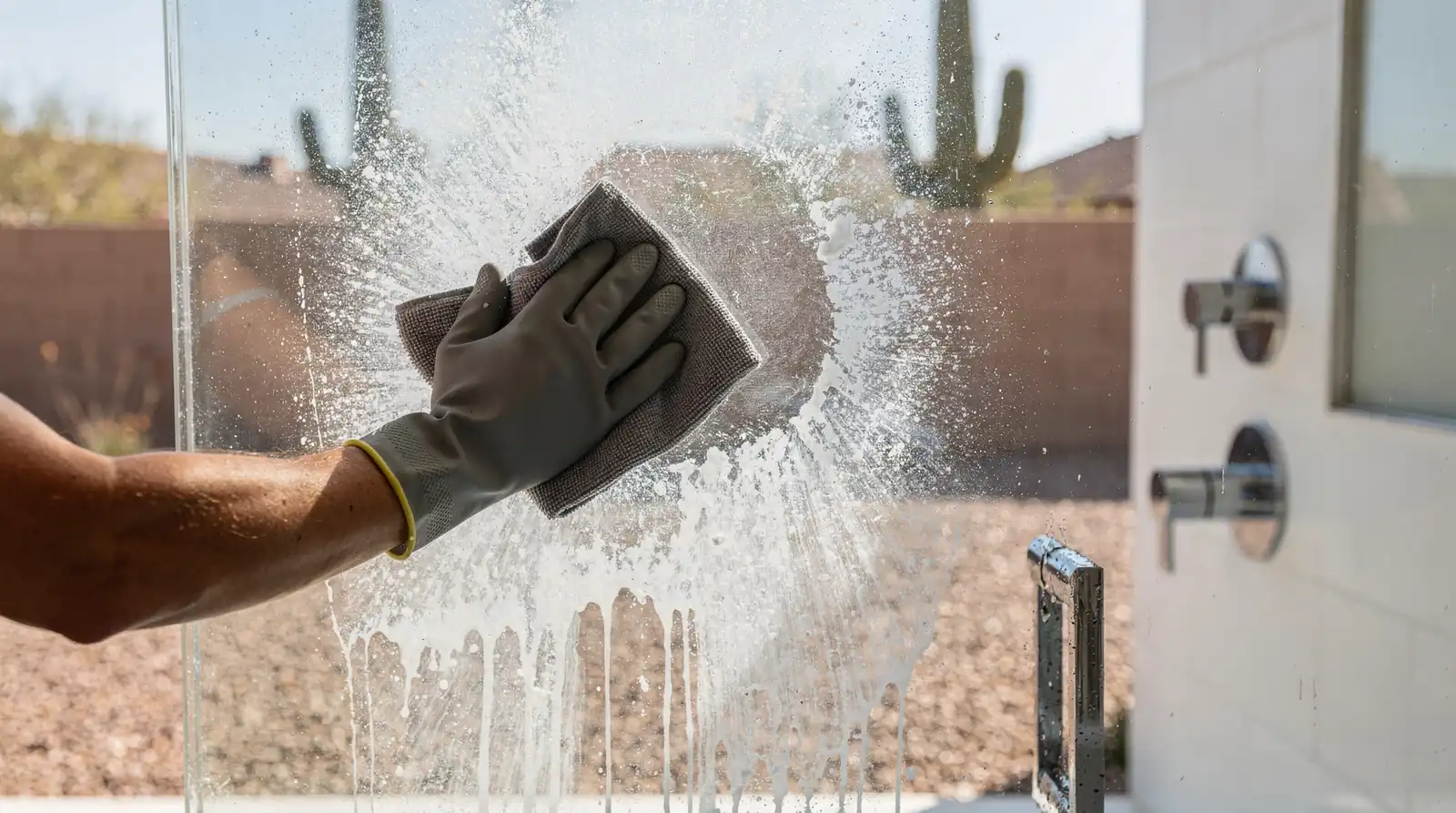 Hard water stains are described as a stubborn issue common on Phoenix commercial glass, alongside
