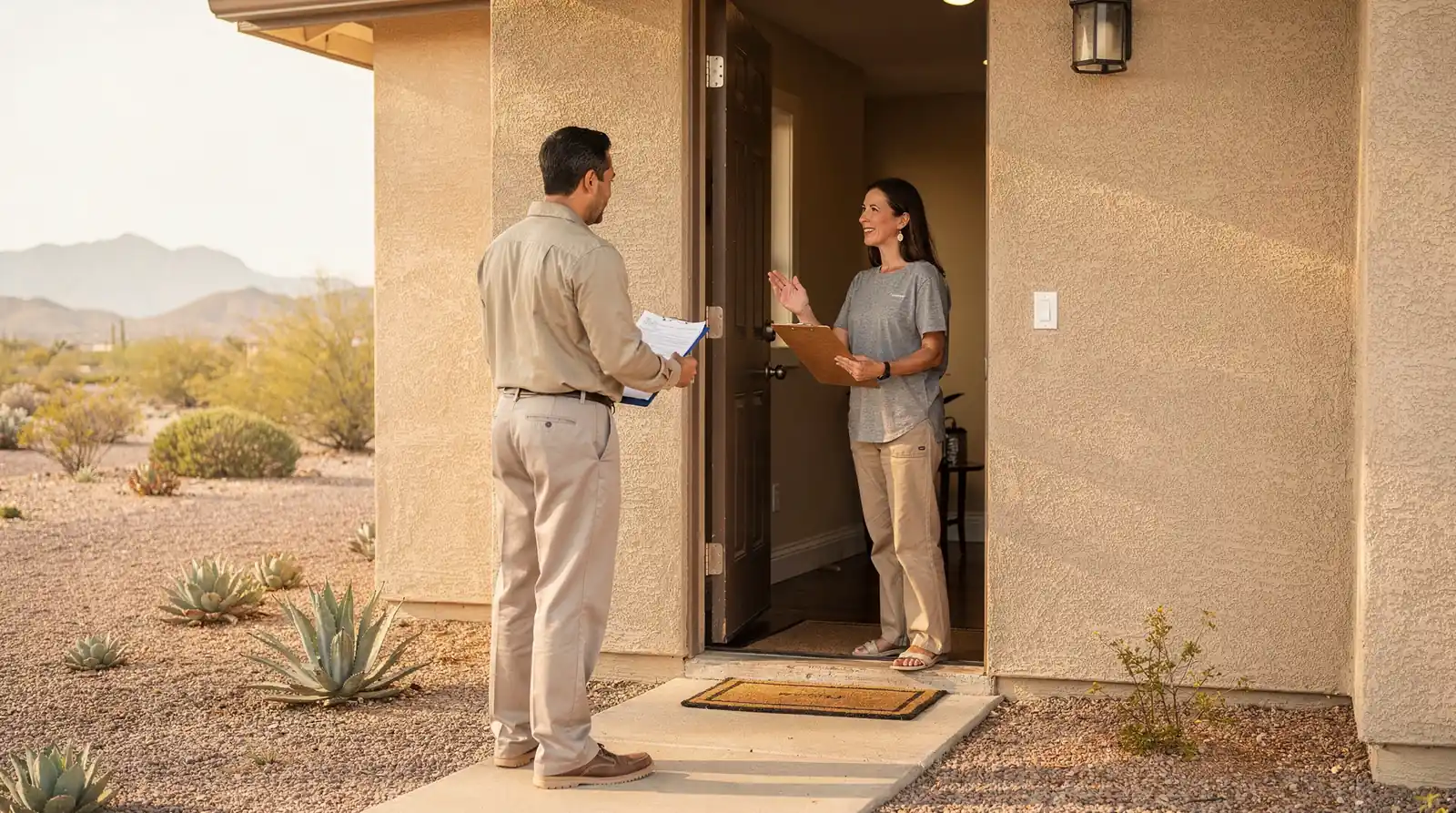 Technicians inspect the windows on site, confirm pricing, and explain the cleaning plan before starting