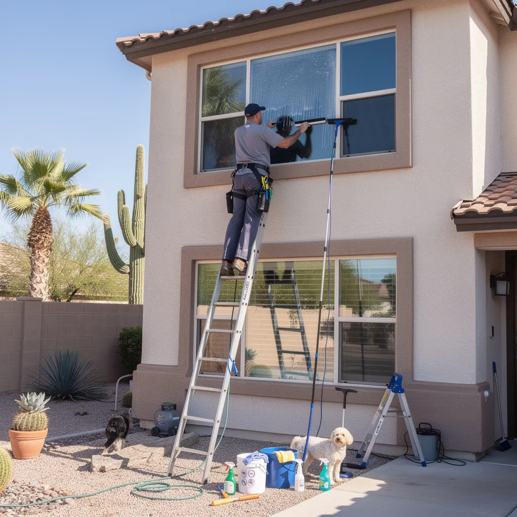 Desert dust, sprinkler overspray, and hard water minerals build up on Arizona glass and don't