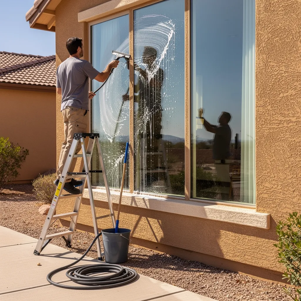 A wax-additive soap solution applied through professional hand-washing and squeegee techniques helps windows repel dirt