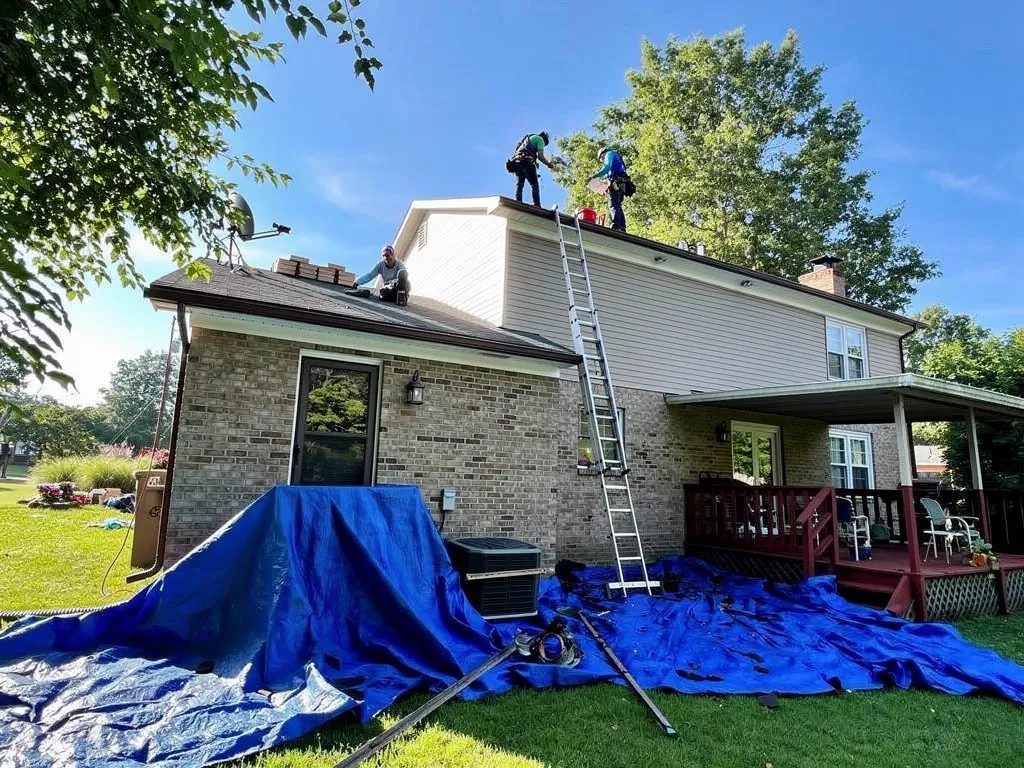 Technician inspecting shingles and clearing gutters on a seasonal roof checkup