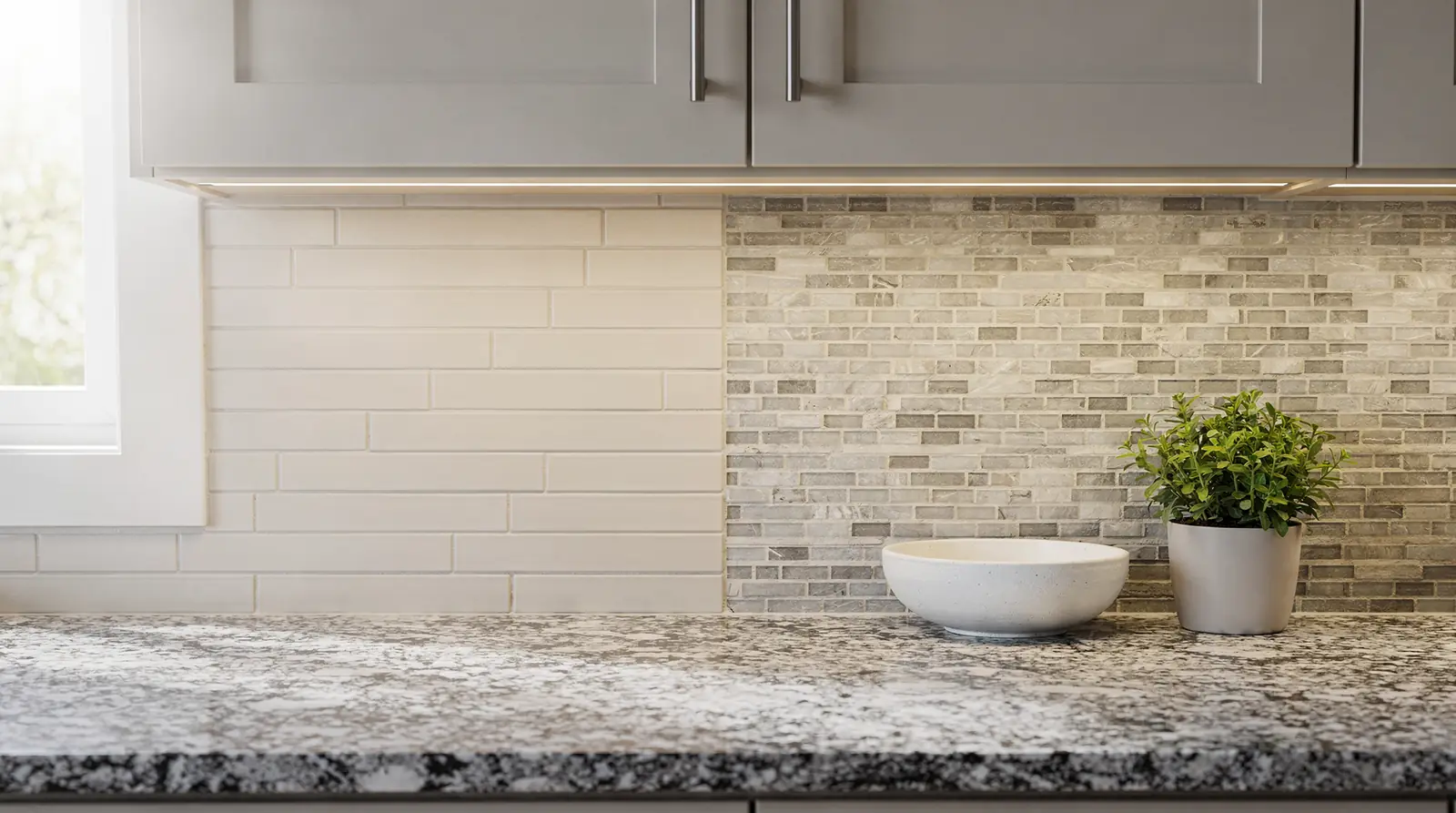 Speckled granite's natural color variation and texture mean the backsplash must balance movement rather than