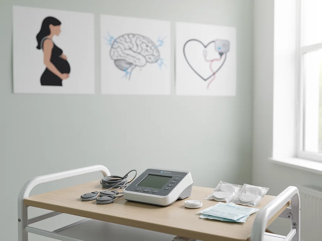 Icons representing pregnancy, epilepsy, and pacemaker contraindications for TENS use