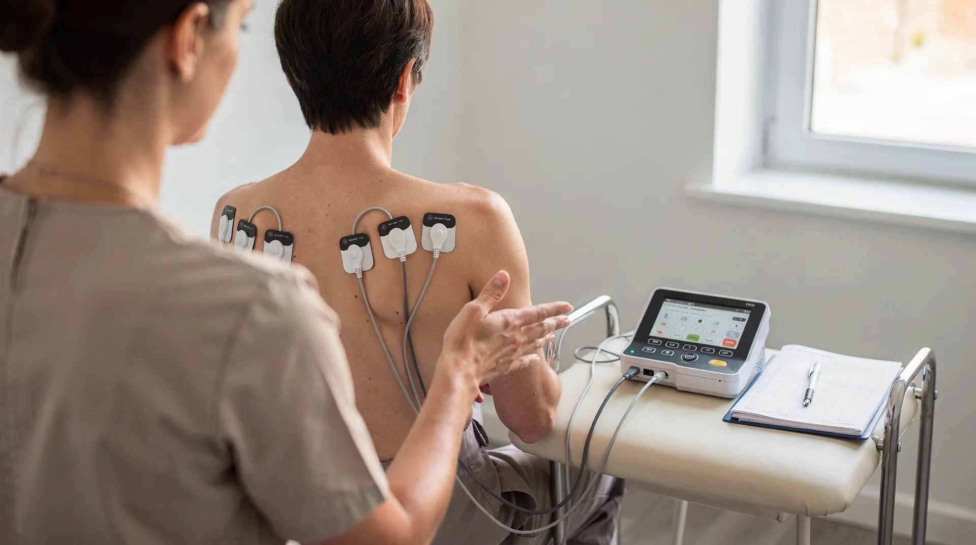 Clinician documenting TENS treatment protocol and electrode placement notes