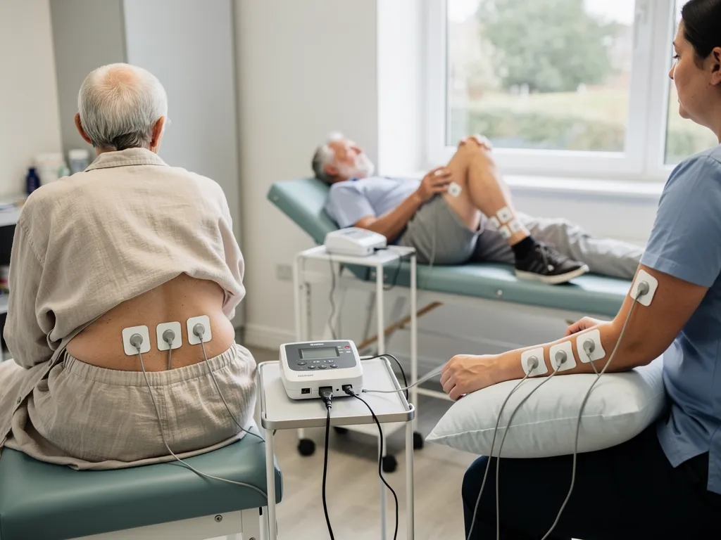 Person with chronic lower back pain receiving TENS electrode treatment