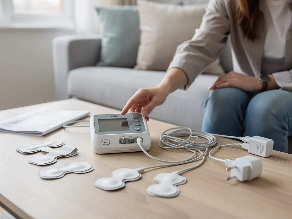 Shopper comparing TENS machine models and electrode accessories on a shelf