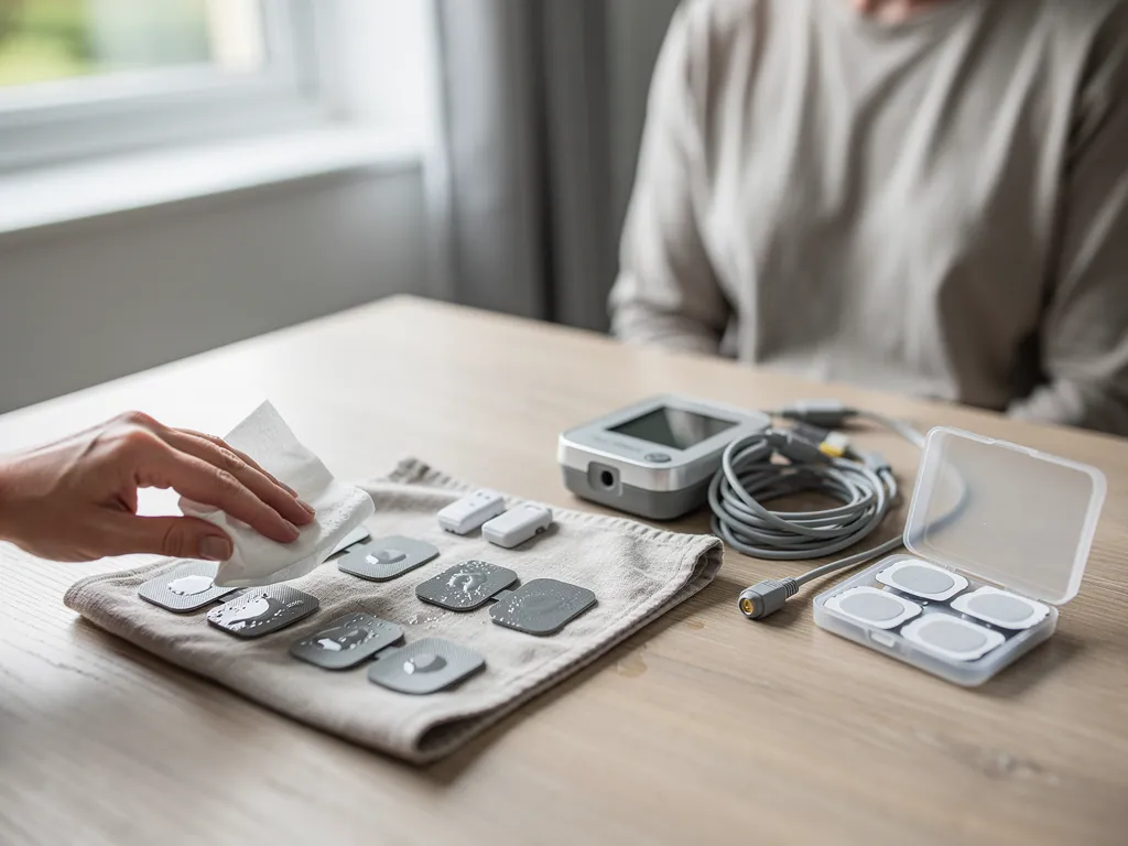 Hands inspecting a TENS electrode pad for adhesive wear before reuse