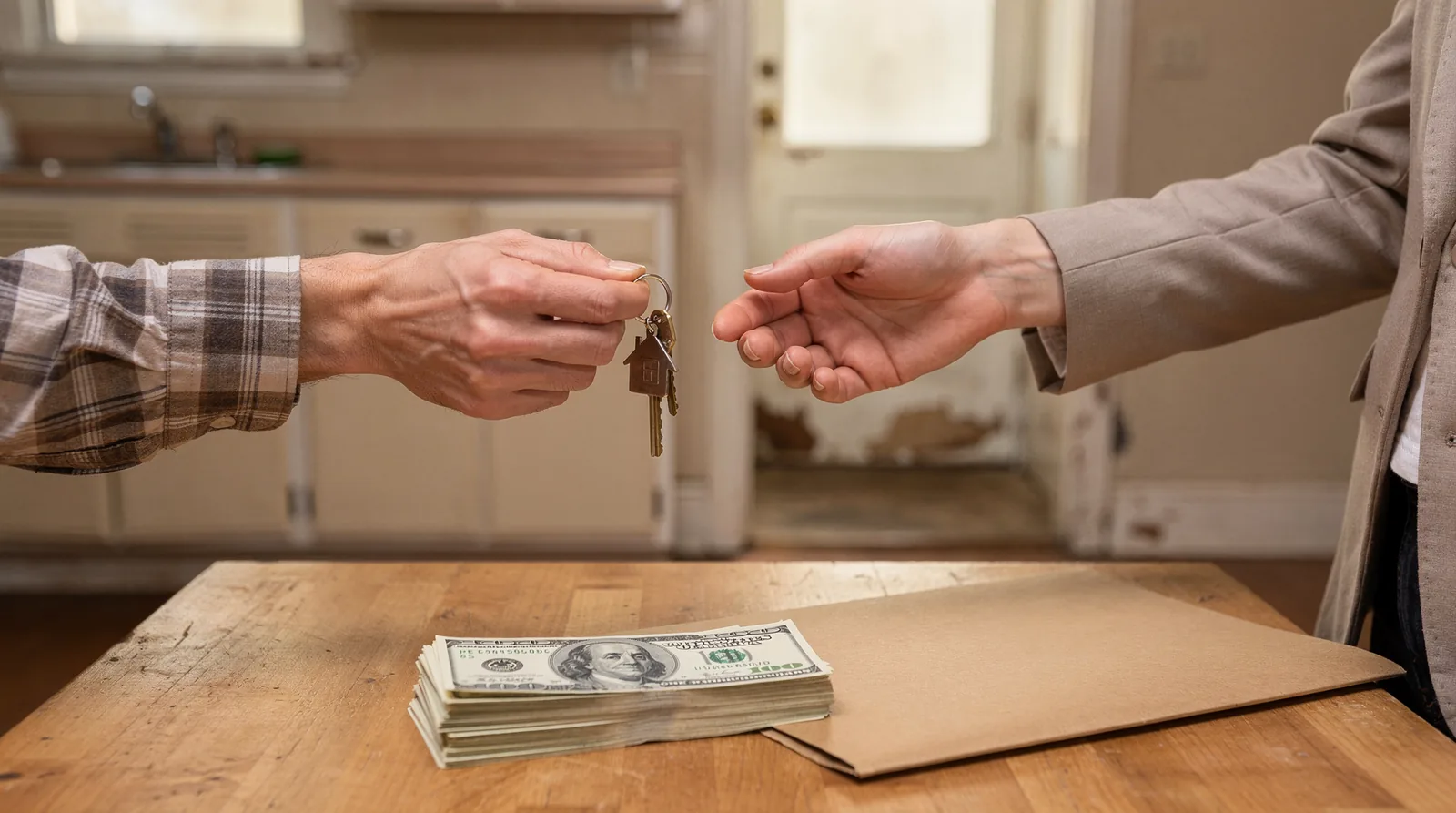 Homeowner accepting a no-obligation cash offer on an as-is Massachusetts property