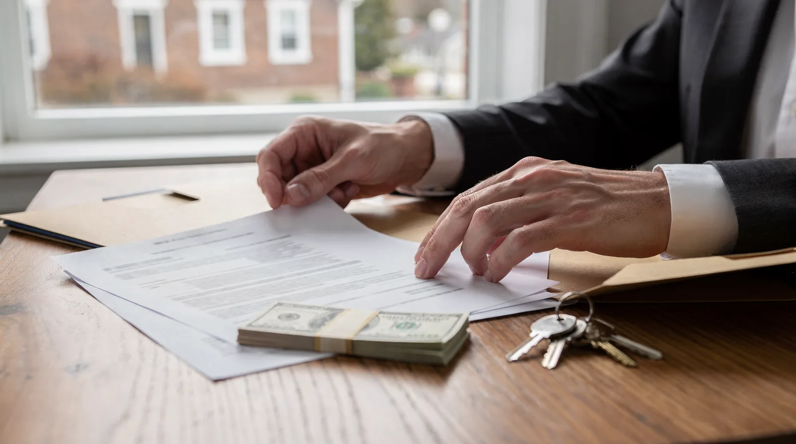 Warning signs of a we-buy-houses scam reviewed at a kitchen table