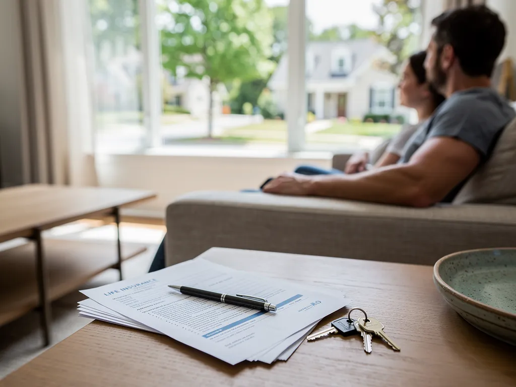 Family reviewing a term life insurance policy alongside their home mortgage documents