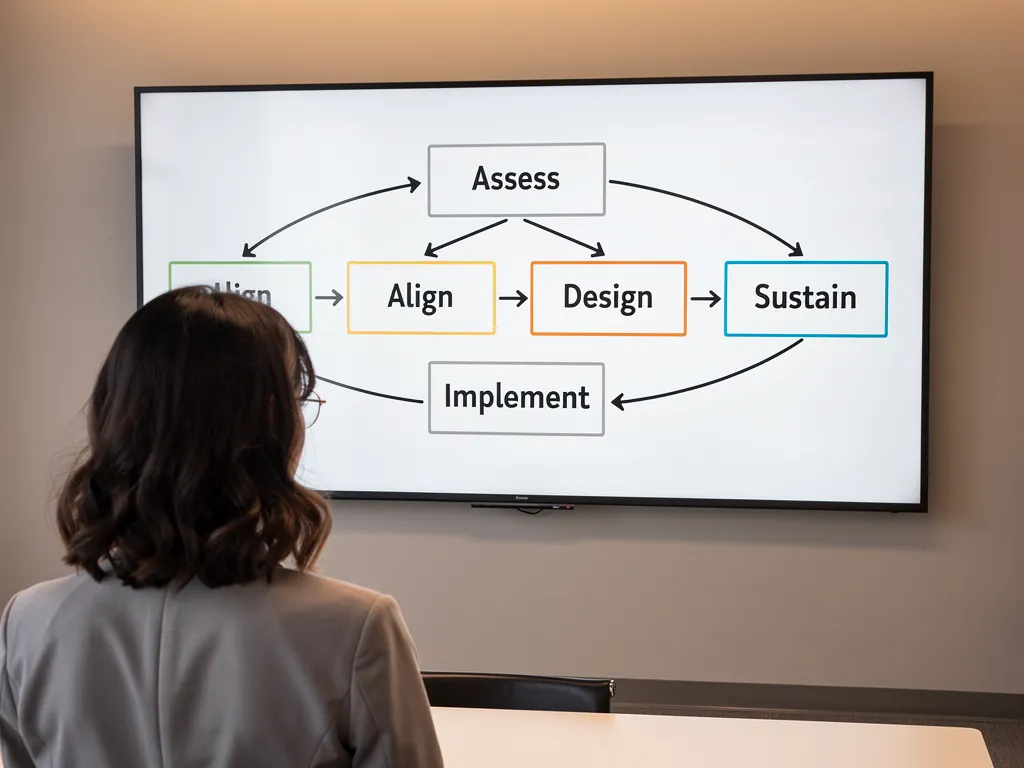 Professional reviewing a five-step change readiness framework on a whiteboard in a quiet office