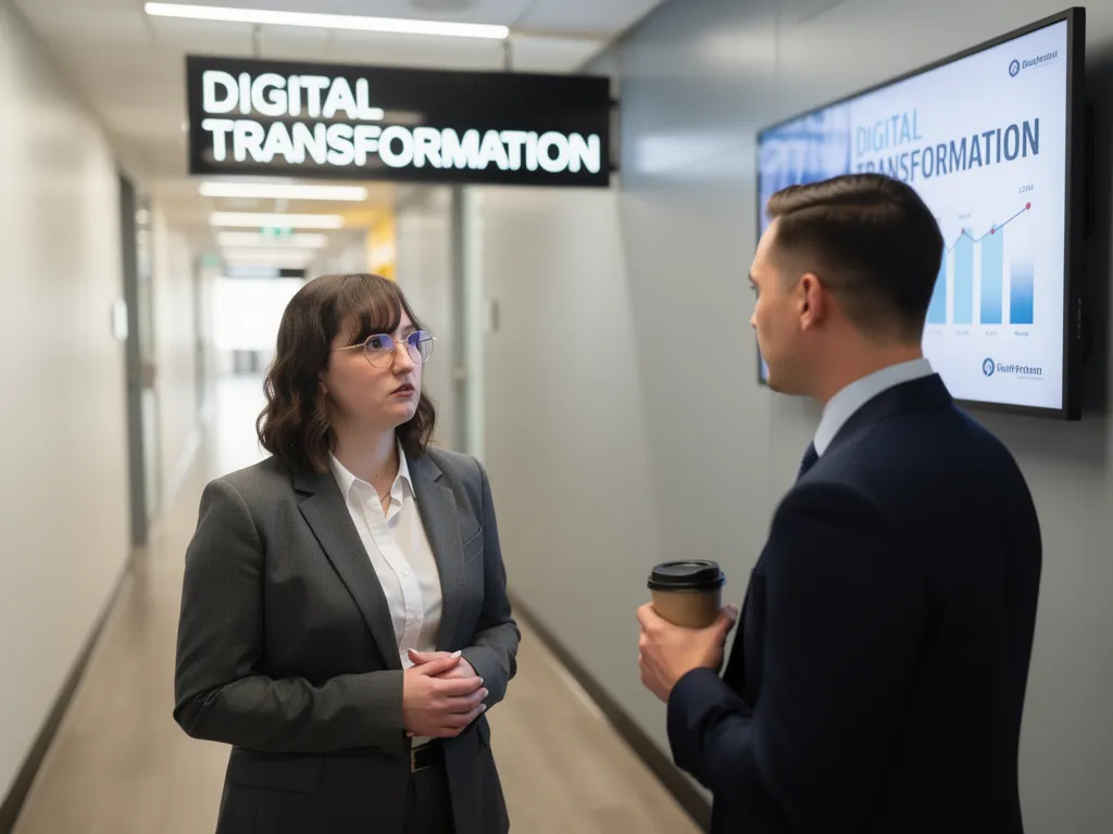 Two colleagues having an informal conversation in a workplace corridor, candid listening moment