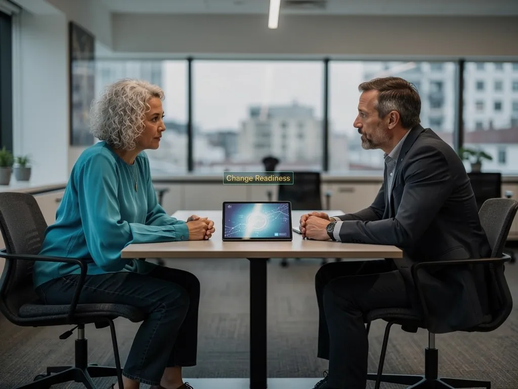 Two colleagues in a tense but genuine face-to-face conversation