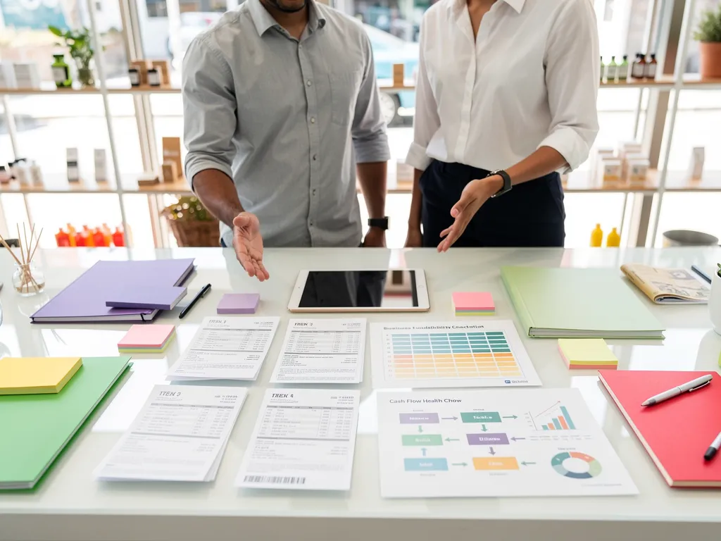 Small business owner reviewing bank statements to track monthly cash reserves