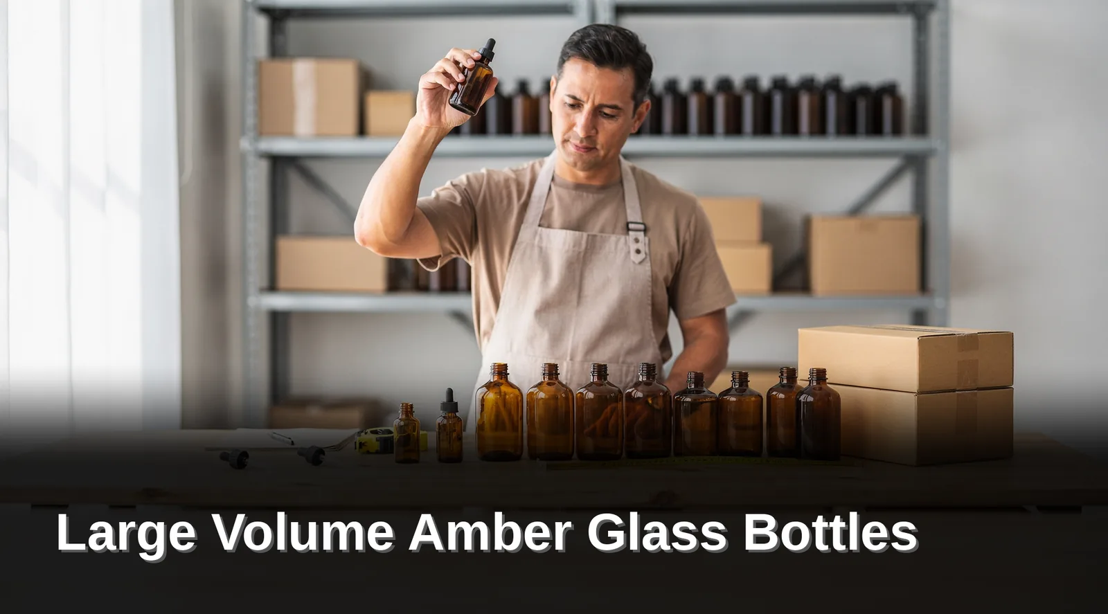 Large-format amber Boston round bottles, including a 32oz/1000mL size, offer UV protection for bulk storage