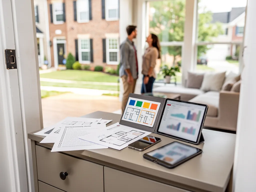 Frustrated buyer reviewing a stack of paperwork and a laptop valuation report