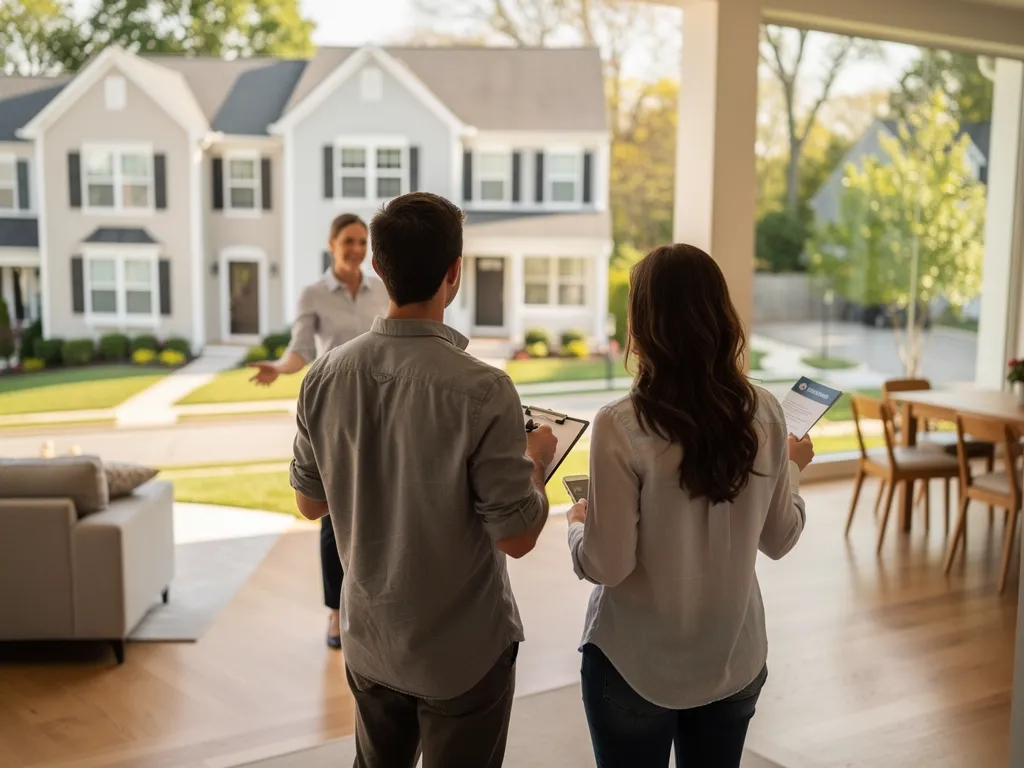 Prospective buyers walking through a bright open house living room