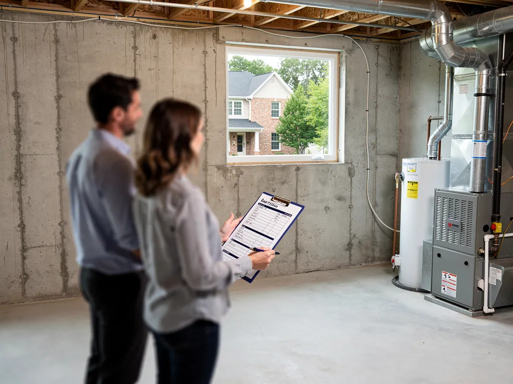 Inspector examining a home's foundation and mechanical systems with a clipboard