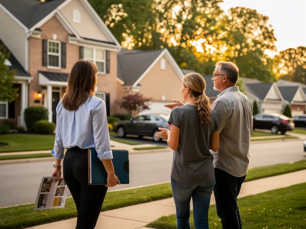 Real estate agent shaking hands with clients in front of a Northern Virginia home