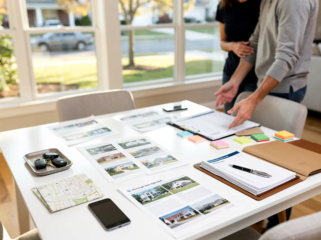 Homebuyer reviewing mortgage pre-approval documents and a neighborhood checklist