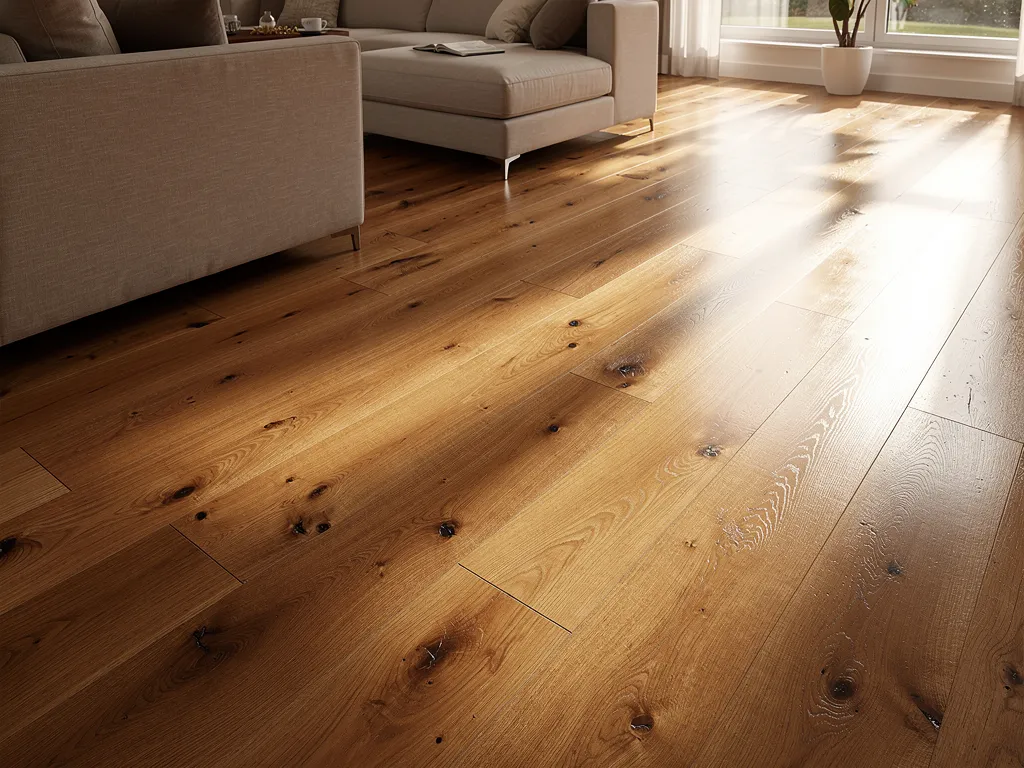 Close-up of worn hardwood flooring showing surface scratches and dulled finish
