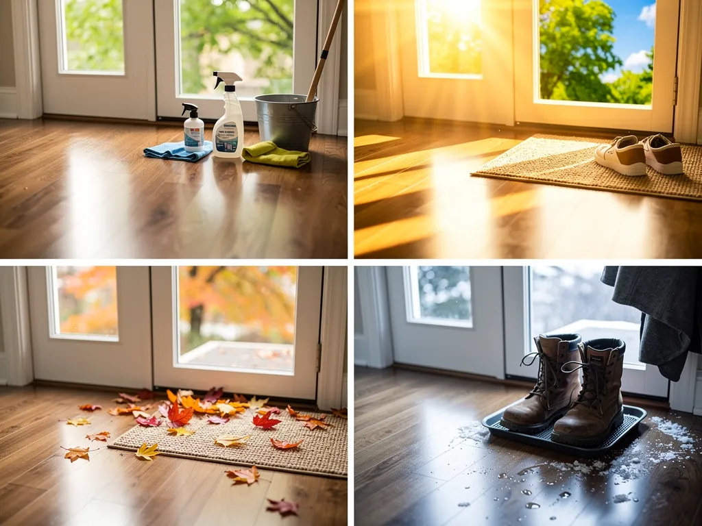 Calendar with seasonal icons overlaid on a hardwood floor background